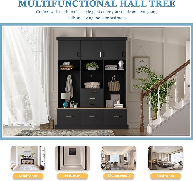 Amposei Hall Tree with Storage Bench & Coat Rack 58’’W Modern Tall Entryway Oranizer Cabinet with 6 Drawers, 3 Metal Hooks for Living Room Hallway Mudroom, Black
