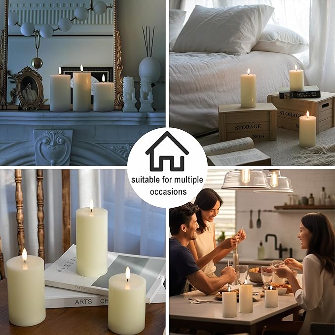 Flickering Flameless Candles, Real Wax Battery Operated Candles with Remote, Flat Top Led Flameless Pillar Candles for Home, Wedding, Party Decor, Set of 3, Φ 3" H 4" 5" 6", Ivory