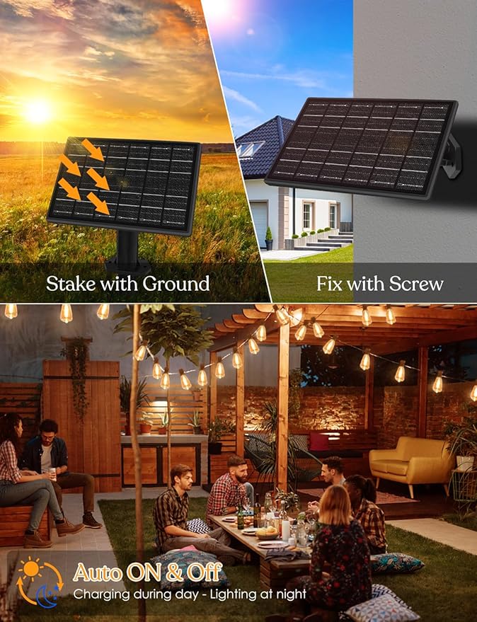 GHUSTAR 50ft Solar Outdoor String Lights with Remote - USB Rechargeable Solar Powered Outdoor Patio Lights, Larger 1.5W Solar Panel, Timer, Dimmable Shatterproof ST38 Bulbs for Backyard, Garden, Pool