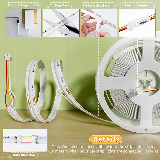 PAUTIX IP65 Waterproof RGB Smart IC COB LED Strip Light Addressable 16.4ft/5m,24V Color Flowing Strip Light Multicolor Flexible Tape Lights for TV,Room,Party DIY Decoration(Without Controller&Adapter)