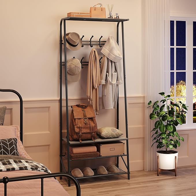 Coat Rack Hall Tree with Shoe Storage Bench, 4-in-1 Entryway Organizer, 10 Hooks & 3-Tier Shoe Rack, Freestanding Metal Frame for Hallway, Front Door