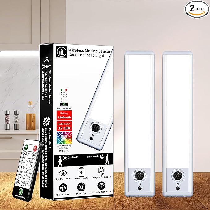 HL Under Cabinet Lights, 32 LED Rechargeable Battery Operated Motion Sensor Light Indoor Wireless, Magnetic with Remote Dimmable Under Counter Lights for Kitchen Stairs Hallway White 2Pack