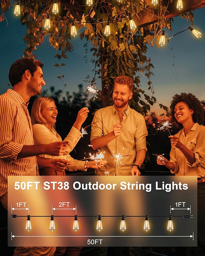 Patio String Lights Plug in 50FT LED Outdoor String Lights with IP65 Waterproof 27 Bulbs, Connectable Dimmable Edison ST38 Outside Lights for Garden, Yard, Porch, Backyard, Deck, Home Decor