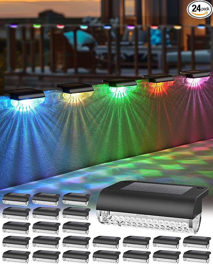 24 Pack Solar Fence Lights Outdoor RGB Solar Deck Lights Waterproof Led Step Lights for Outdoor Stairs, Auto Dusk-to-Dawn, Low Profile, for Vinyl Fence Railing Deck Patio Yard(Color Changing)