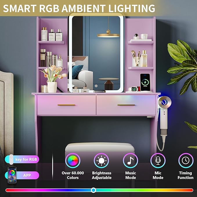 Vanity Desk with LED Lights Mirror & Power Outlet, Small Makeup Vanity Table Set with Storage Drawers & Chair, 3 Lighting Modes & Adjustable Brightness, Dressing Table for Women Girls Bedroom, Purple