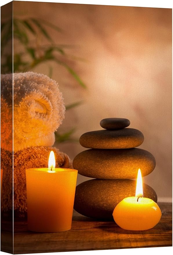 wall26 Canvas Print Wall Art Massage Stones with Atmospheric Candles Floral Nature Photography Zen Scenic Relax/Calm Multicolor for Living Room, Bedroom, Bathroom, Office - 16"x24"