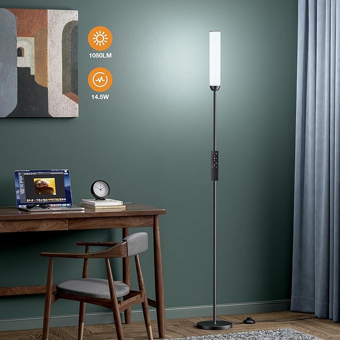 Ambimall LED Floor Lamp with Remote Control, 65" Standing lamp with Stepless Adjustable 3000K-6500K Colors & 30-100% Brightness, Foot Switch(Black)