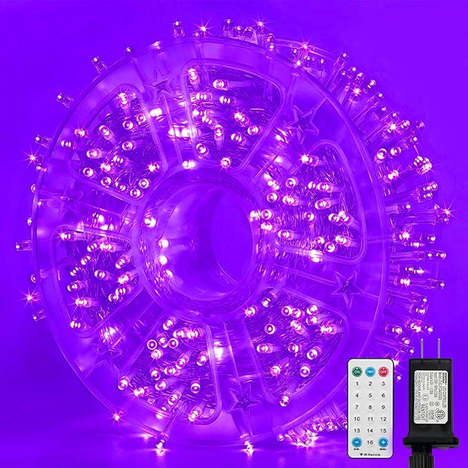 LAMPHOME 165ft Halloween Lights, 500 LED Transparent Wire Fairy Starry String Light Plug in, 16Lighting Modes for Indoor Outdoor Xmas Tree Wedding Party Decoration (Purple)