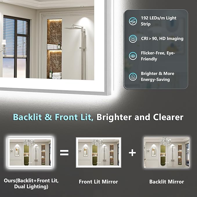 96x36 Brushed Nickel LED Bathroom Mirror with Lights, Sliver Framed Backlit and Front Lit Anti-Fog Lighted Vanity Mirrors for Bathroom Wall, Dimmable, 3 Colors, Memory, Tempered Glass, CRI＞90
