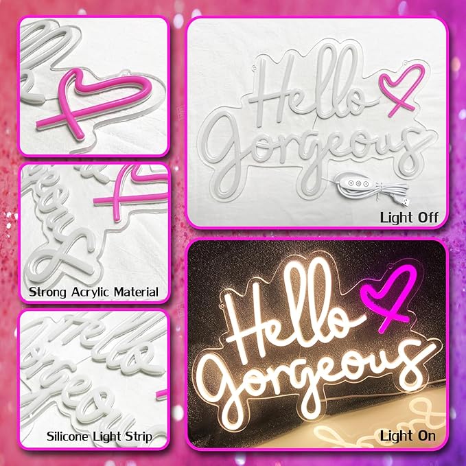 Hello Gorgeous Neon Signs for Wall Decor, Hello Gorgeous Neon Light Sign with Dimmable Switch –Led Neon Sign for Girls Bedroom, Makeup Room Decor (warm white) (5V, 16.5"*11")