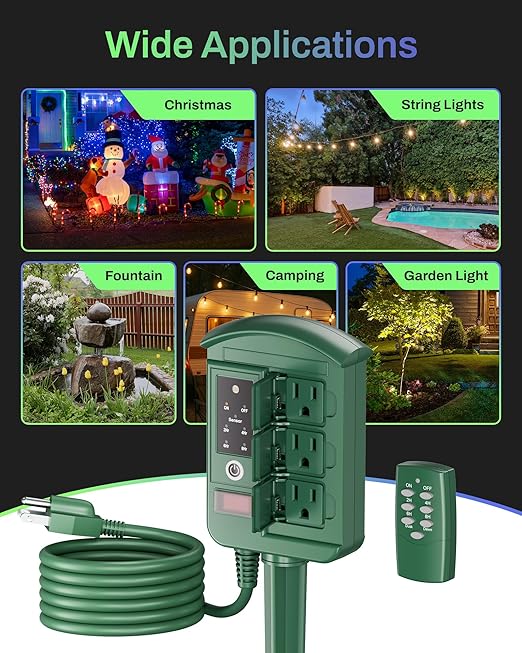 BN-LINK Outdoor Power Stake with Dusk to Dawn Timer, Waterproof 6 Grounded Outlets, 6FT Cord, 100FT Remote Control, Heavy Duty Outdoor Plug for Christmas Lights, Yard, Garden, ETL Listed
