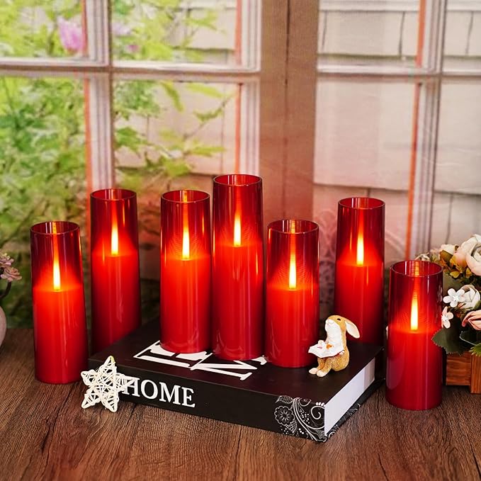Flameless LED Candles Upgraded Realistic Flickering Flame,7Pcs Battery Operated Candles with Remote Timers,LED Pillar Candles for Home Decor,Christmas,and Parties(Red)