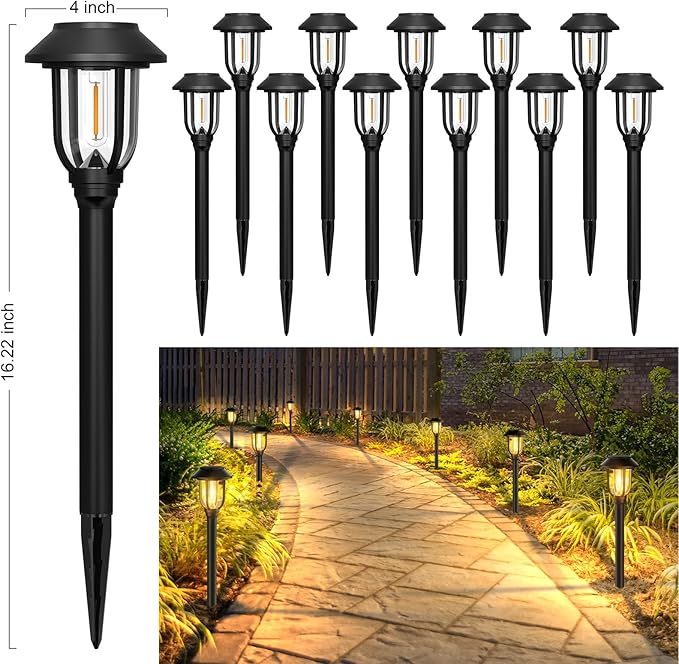 Solar Pathway Lights Outdoor,12 Pack Solar Lights Outdoor Waterproof, Warm White Auto On/Off LED Solar Powered, Garden Landscape Lighting for Yard Walkway Driveway Path Decorative