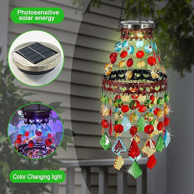 Hanging Solar Lanterns Outdoor Chandelier,2 Tier Acrylic Crystal Wind Chimes for Outside,Solar Lights Color Changing LED Outdoor Decorative for Paito,Porch,Yard