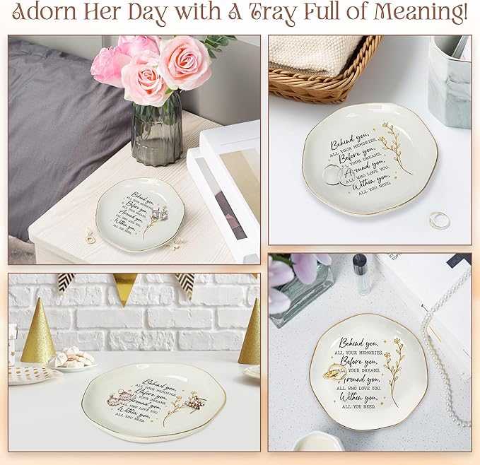 OASSIE Graduation Gifts for Women - 4"x4" Round-Shaped Ceramic Jewelry Dish Tray - Thank You Inspirational College High School Graduation Gifts for Friend Sister Her, Decorative Trinket Dish