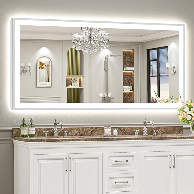 77x36 Brushed Nickel LED Bathroom Mirror with Lights, Sliver Framed Backlit and Front Lit Anti-Fog Lighted Vanity Mirrors for Bathroom Wall, Dimmable, 3 Colors, Memory, Tempered Glass, CRI＞90