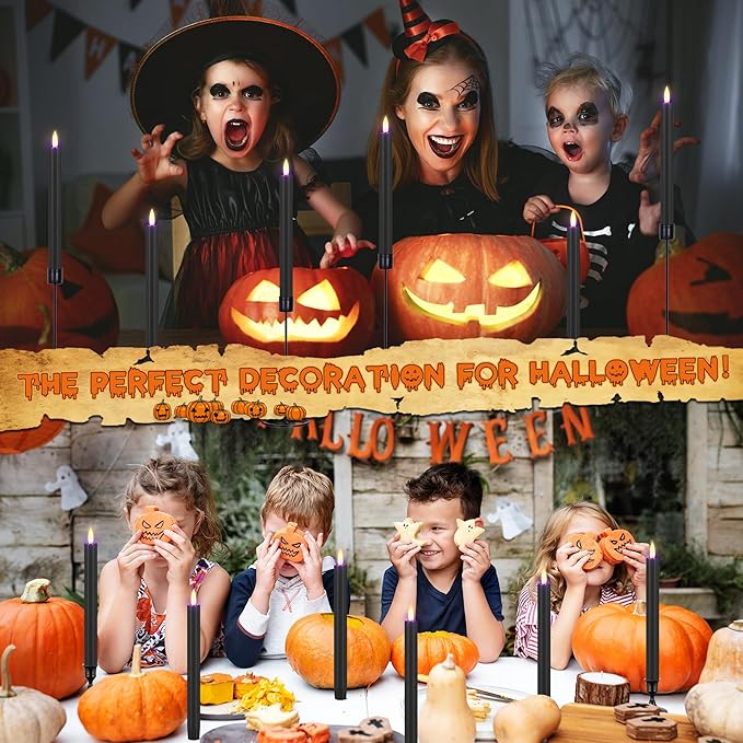 Black Flameless Taper Candles with Remote, 9.6" Halloween Battery Operated Candles 3D Wick, 3 Pack Real Wax Led Candlesticks Flickering Electric Candle for Halloween, Home, Party Decor