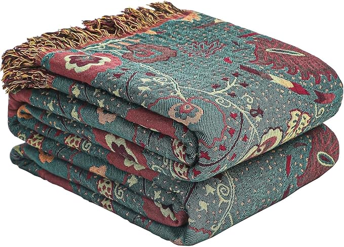 Boho Fall Throw Blanket for Bed,100% Ultra Cotton Soft Breathable Bed Throw Floral Printed Farmhouse Decor Rustic Bed Throws for Couch Sofa Quilt 80" x 90"