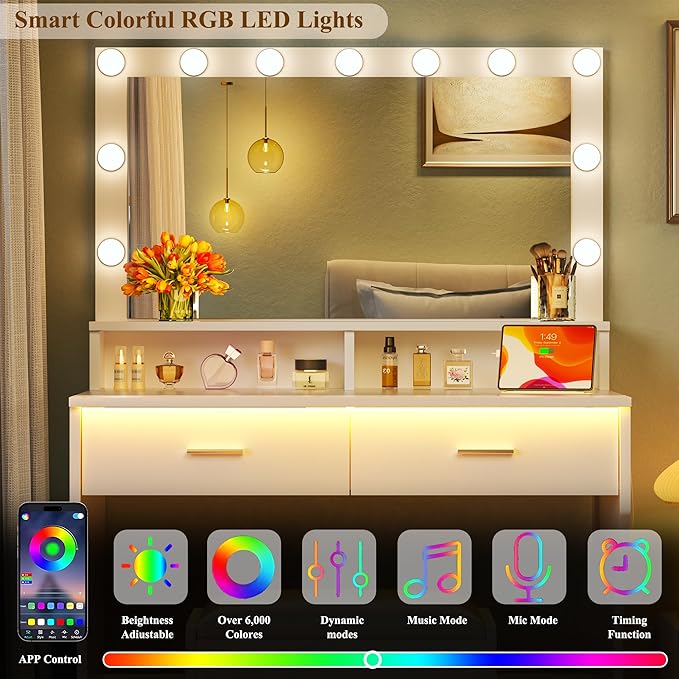 Vanity Desk with Mirror and Lights, Small Makeup Vanity with Power Outlets and RGB LED Strip, Bedoom Vanity Table Set with Cushion Stool and 2 Storage Drawers, 3 Color Modes, Bright Adjustable, White