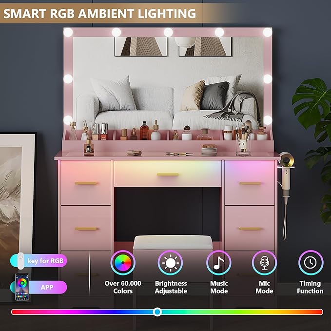 44" Vanity Desk with 38" Large Mirror and 9 LED Lights & Glass Top and Power Outlet, Makeup Vanity Set with 7 Drawers & Chair and RGB Ambient Light, Dressing Table for Bedroom, Modern Pink