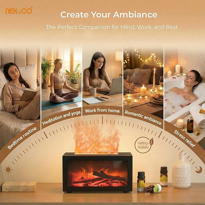 NEX&CO Colorful Flame Fireplace Aroma Diffuser for Essential Oils, Mini Essential Oils Diffuser with 3D Dynamic Effect 7-Color Changing Led, Auto Shut-Off, 3H Timer for Home, Yoga & Anxiety Relief