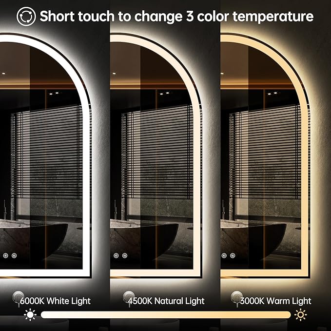 Arched Bathroom Mirror with Lights 28"x40"- Frameless LED Mirror for Bathroom, Fogless, Dimmable, 3 Color Changing, Shatterproof, Touch Sensor