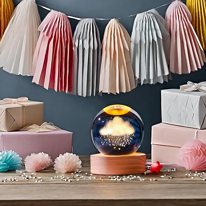 Happyhaves Calming Stellar Spheres,Happy Haves Light Sphere,The Galaxy, Saturn, Astronomy Calming Cosmic Lights, Crystal Ball Night Light with Base for Bedroom Living Room Decor (Clouds and Rain)