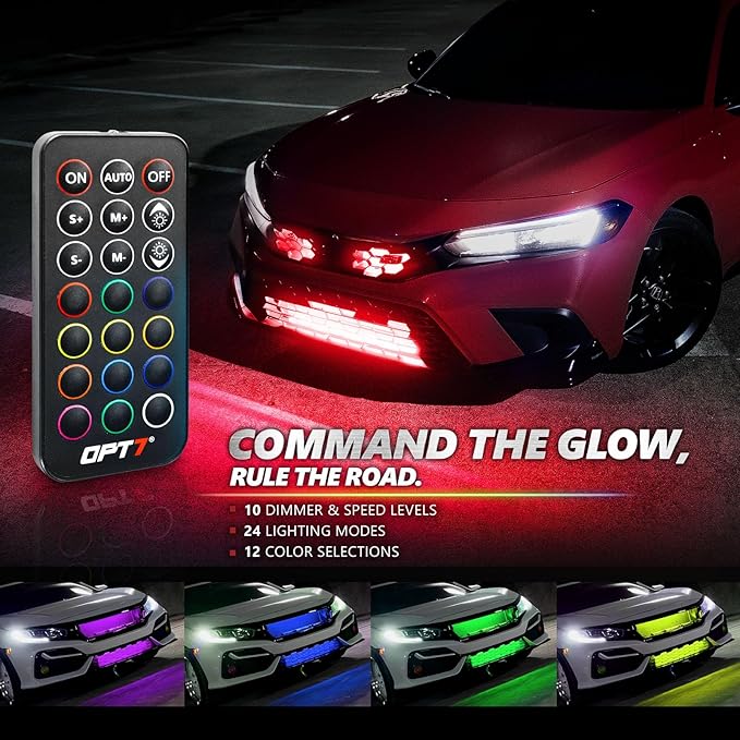 OPT7 Aura Pro RGB LED Grille Lights with App & Remote Control, 4pcs 12" Light Strips, Waterproof Front Grill Valence, Music Sync, Multi-Color Exterior Lighting Kit, Universal for Cars Trucks Vans SUV