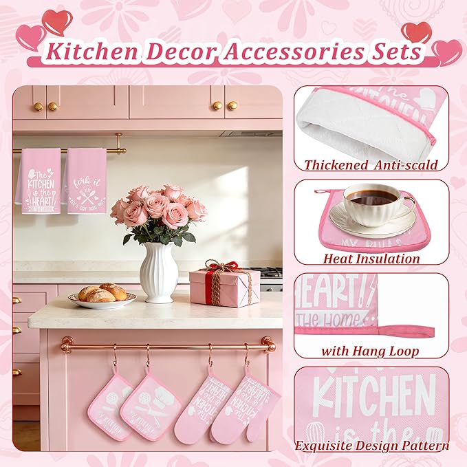 8 Pcs Pink Kitchen Decor Set 4 Pink Kitchen Dish Towels 2 Oven Mitt 2 Pot Holders for Kitchens Cooking Baking Spring Valentine's Day Decoration Farmhouse Housewarming Accessories Mom Gifts