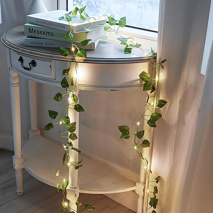 Pothos Green Vine Garland with 40 LED Fairy Lights – Modern Wall Greenery Decor with Remote, 8 Modes & Timer, USB or Battery Powered for Apartment & Indoor Spaces