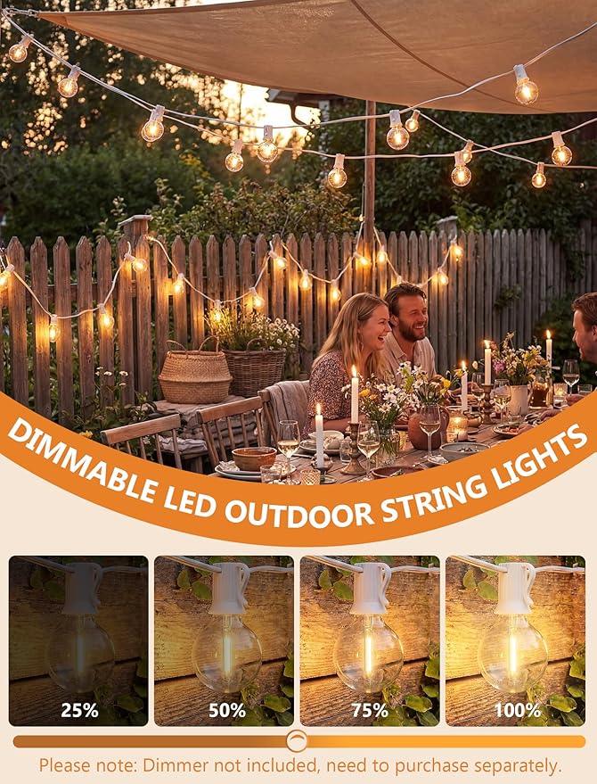 25Ft LED Outdoor String Lights, G40 Globe Patio String Lights Waterproof with 27 Shatterproof Bulbs, Hanging Outdoor Lights for Backyard Garden Bistro Wedding Party Christmas Decorations, White
