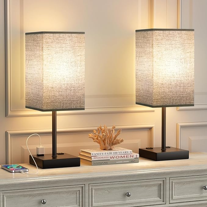 aooshine Plus Set of 2 Black Lamp for Nightstand - Touch Lamps for Bedroom, 3000K White Light for Living Room, Bedside Table Lamp for Men