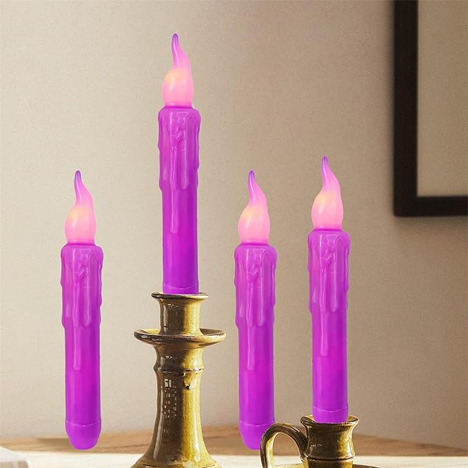 Magical Candlesticks Flameless Taper Candle, 4pcs Real Wax LED Tapered Candles Remote Dipped Candle 6inches Battery Chandelier for Enchanting Weddings Harry Potter Inspired Vigils (Purple)