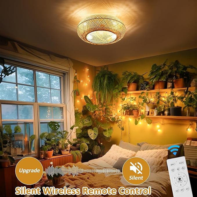 20" Boho Ceiling Fans with Lights,Rattan Caged Flush Mount Ceiling Fan with Light, Enclosed Timing 6 Speeds Reversible for Living Room Bedroom Dining Room