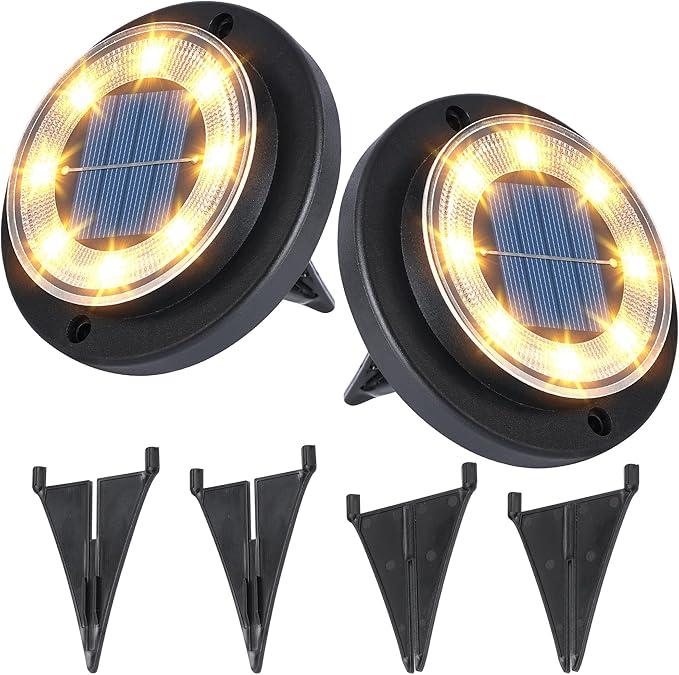 Flacchi Solar Lights Outdoor Waterproof - 2-in-1 Solar Powered Ground Lights Outdoor Solar Disk Light Landscape Light for Deck Step Patio Yard Pathway Walkway Driveway Garden (Warm White, 2 Pack)