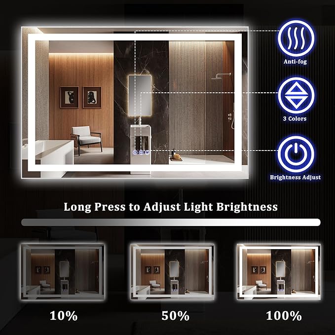 48"x 32" LED Bathroom Mirror with Lights – Backlit & Front Lit Lighted Vanity Mirror for Wall with Dimmable Lights 3 Colors – Adjustable Brightness, Anti-Fog, Shatterproof Tempered Glass