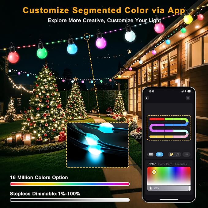 Smart Outdoor String Lights, 65.6Ft RGBIC Color Changing LED Patio Light IP67 Waterproof with 26 G40 Bulbs,App Control,Remote,Music Sync Outdoor Hanging Lights USB Plug-in for Garden Yard Camper Party