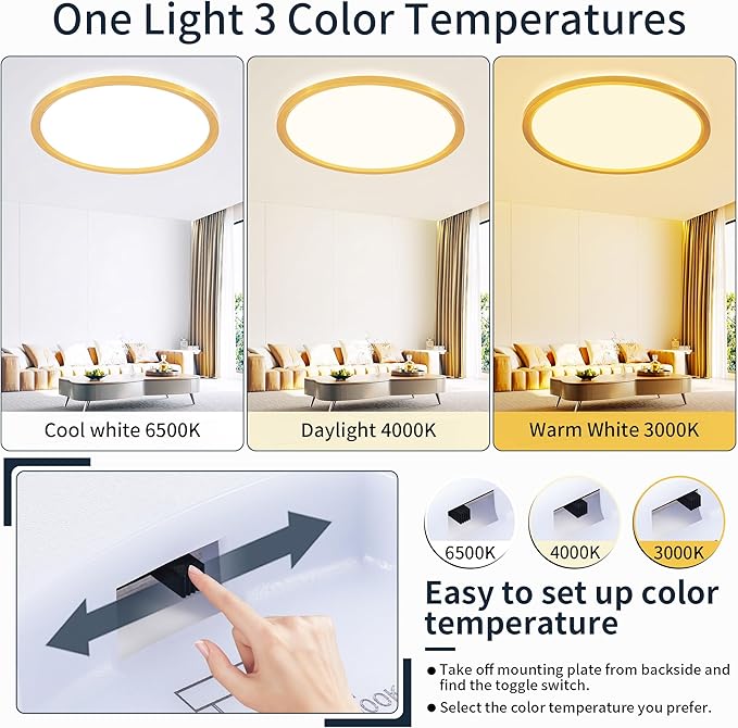 MOONSEA 20 Inch Flush Mount LED Ceiling Light Fixture 42W, 4200LM Dimmable 3000K/4000K/6500K 3 Color Selectable, Low Profile Ceiling Lamp for Kitchen Bedroom Hallway, Gold