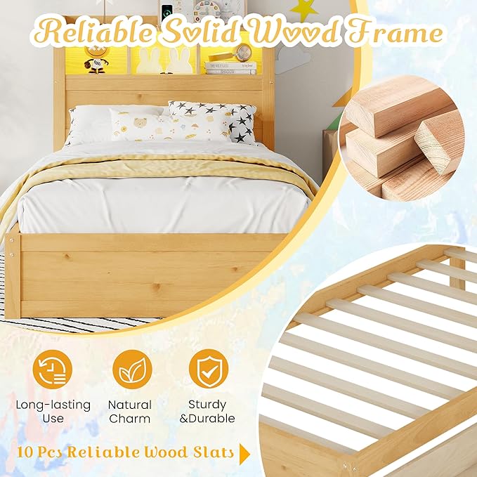 Kids Twin Bed Frame with Drawers & Storage Headboard, Solid Wood Platform Bed with Pull-Out Cabinet, Built-in LED Light & Charging Station, No Box Spring Needed, Natural