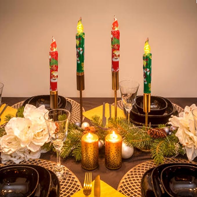Christmas Flameless Short Taper Candles, Red Green LED Battery Operated with Remote, Flickering Flame Lights for Home Décor, 6.7 Inch Primitive Flameless Print Candles, 4PCS