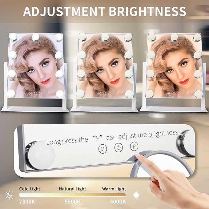 Makeup Vanity Mirror with Lights 13.77"x 11.81" LED Makeup Mirror Detachable 10X Magnification, Hollywood Make Up Mirror with Lighting, Smart Touch, Rechargeable,360° Rotation, (White)