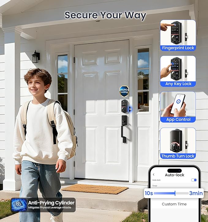 Veise VE017-D Smart Fingerprint Front Door Lock Set, App Control, 8-in-1 Keyless Entry Deadbolt with Lever Handle, Touchscreen Keypad, IP55 Weatherproof, Auto Lock, Easy Install, Matte Black