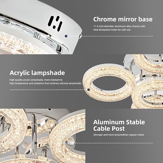 OKELI Modern Ceiling Light, 5 Rings 16.9'' Dimmable LED 49W Flush Mount Ceiling Lights with Remote Acrylic Crystal Round Ceiling Light Fixture, Bedroom Living Room Dining Room, Chrome