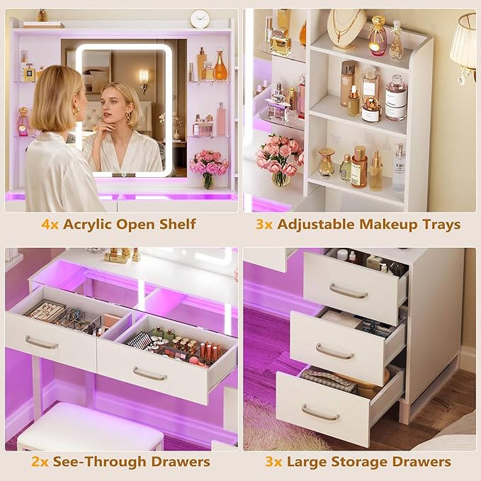 Vanity Desk with Mirror and Lights 3 Colors, 43.3" Makeup Vanity with Glass Top & RGB Light, White Vanity Table Set with Stool, 5 Drawers & Power Outlet for Bedroom Dressing Room