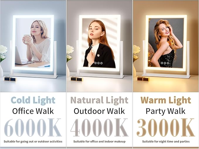 Lighted Vanity Mirror with Lights, Makeup Mirror with Light, 16.7"x 13.2",Three Color Lighting Modes and Dimmable Lighting, Smart Touch Control, 360°Rotation, for Vanity Desk Tabletop,Dressing Room