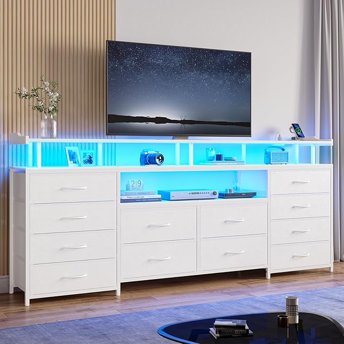 BTHFST 12 Drawers TV Stand Dresser for 65/70 inch TV, Entertainment Center with LED Lights & Power Outlets, 63" Large LED TV Stand, TV Console for Bedroom