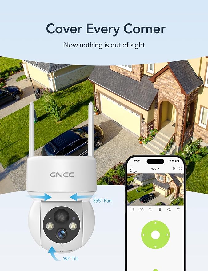 GNCC Solar Security Cameras Wireless Outdoor, 2.4G WiFi 360° View Solar/Battery Powered Cameras for Home Security with AI Human Detection, Color Night Vision, 2-Way Audio, SD/Cloud Storage, 2 Pack