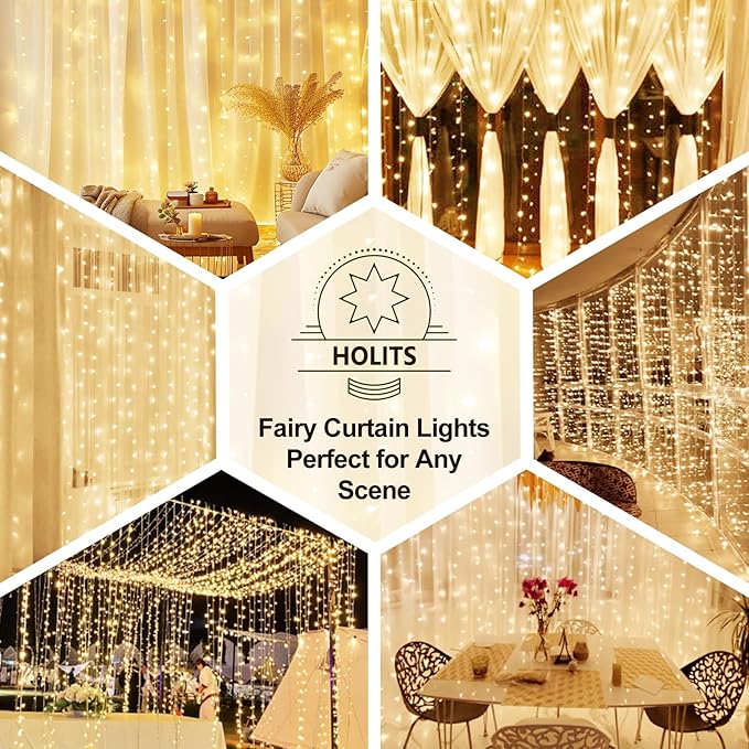 2 Pack 300 LED Fairy Curtain Lights, 9.8 x 9.8FT Warm White USB Plug in 8 Modes String Hanging Lights with Remote for Christmas, Bedroom, Indoor, Outdoor, Weddings, Party (Warm White)