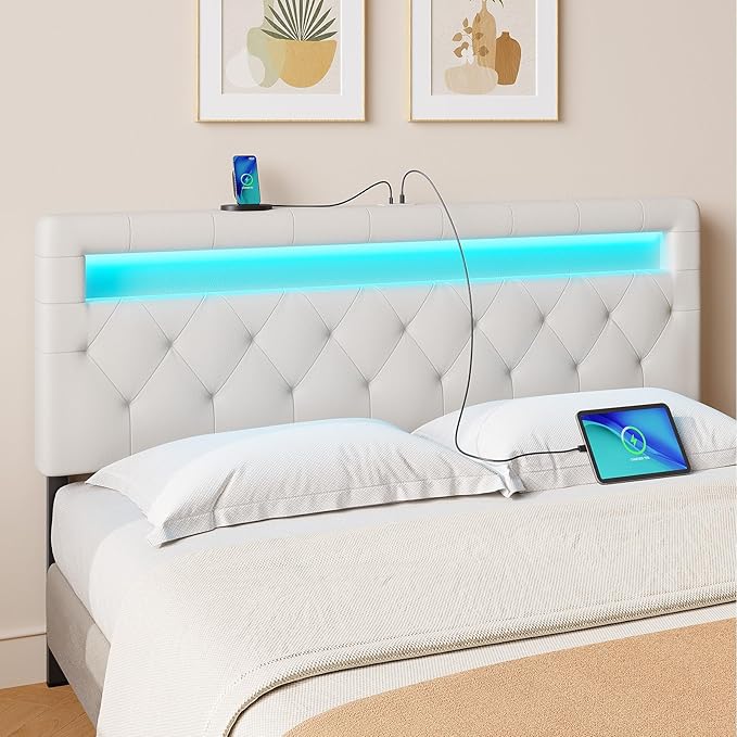 GREENSTELL Headboard for Queen Size Bed with 60,000 DIY Color of LED Light, USB & Type C Post, Upholstered, Height Adjustable, Sturdy, Easy Assembly, Wall Mounted Head Boards Only, White