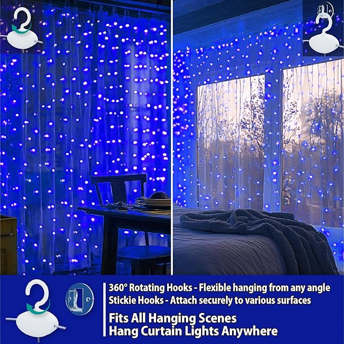 HXWEIYE 300LED Fairy Curtain Lights, 9.8x9.8Ft USB Plug-in 8 Modes Christmas String Hanging Lights with Remote for Bedroom Backdrop Wedding Indoor Wall Decor, Blue, Standard – 1 Pack